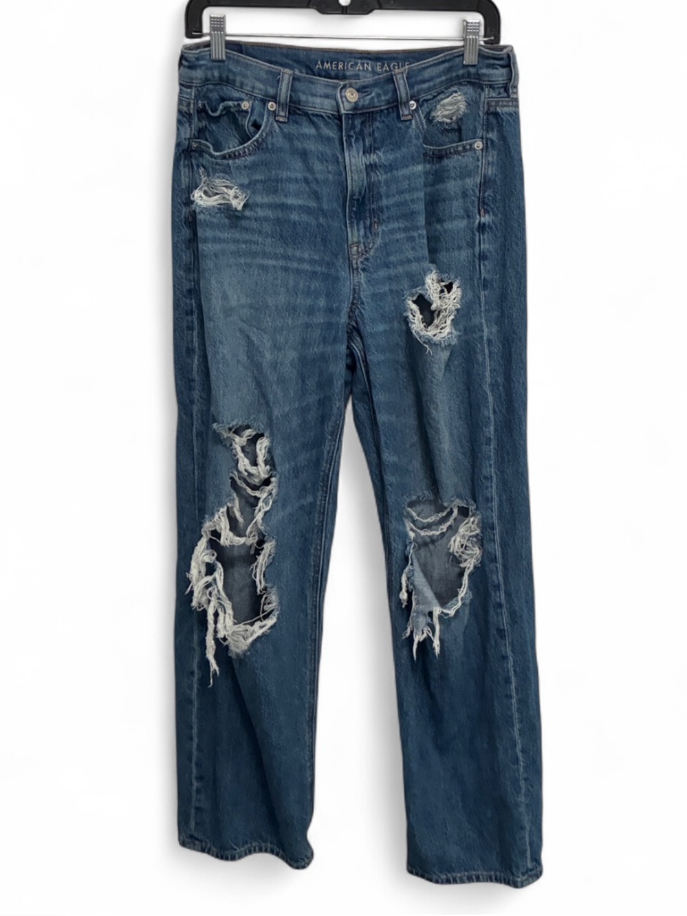 American Eagle Outfitters Super High Rise Baggy Straight Distressed Blue Jeans
